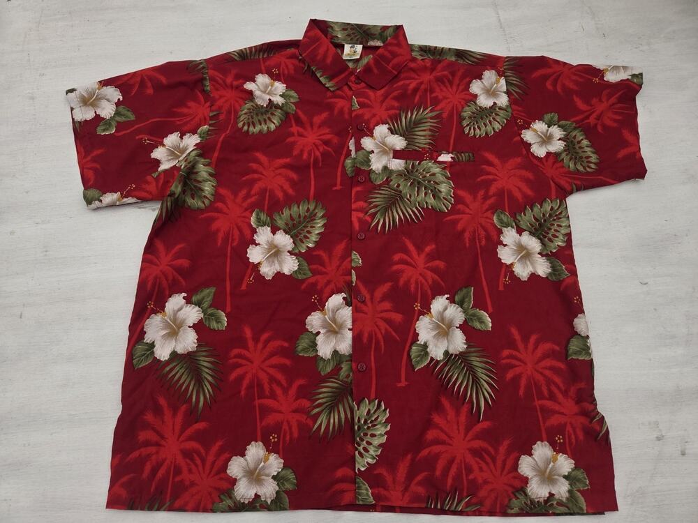 Rima Mens XL Button Up Hawaiian Shirt Red Floral Palms Short Sleeve Aloha